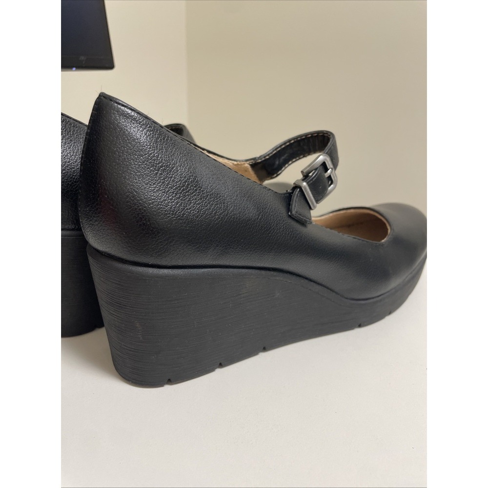 Naturalizer Soul Black Leather Platform Mary Jane Wedge Heels Size 8 - Picture 5 of 10